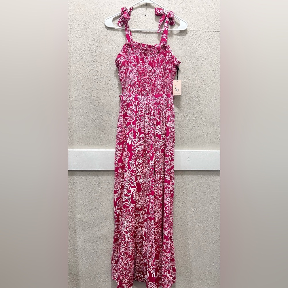Sincerely Jules Fuchsia Pink and White Smocked Maxi Dress w/ Side Cutout NWT L